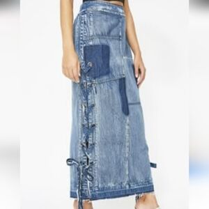 TOV HOLY Patchwork Maxi Denim Jean Skirt Side lace up  Size 40  Approx M $190